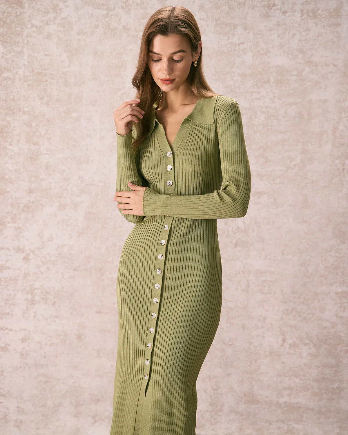 The Green V Neck Bodycon Knit Midi Dress