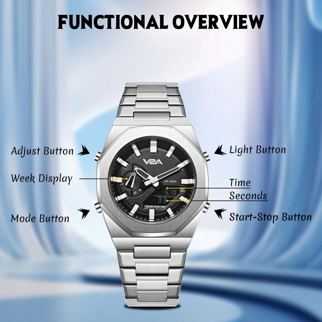 V2A Allure Multifunctional Analogue-Digital Watch for Men, Alloy Case, Stainless Steel Band, 30M Water Resistant, 5 Alarms, World Time, Countdown, Stopwatch Men Watch | Birthday Gift for Men