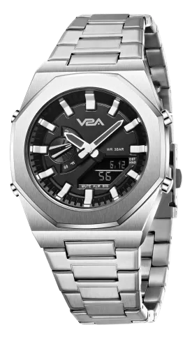 V2A Allure Multifunctional Analogue-Digital Watch for Men, Alloy Case, Stainless Steel Band, 30M Water Resistant, 5 Alarms, World Time, Countdown, Stopwatch Men Watch | Birthday Gift for Men