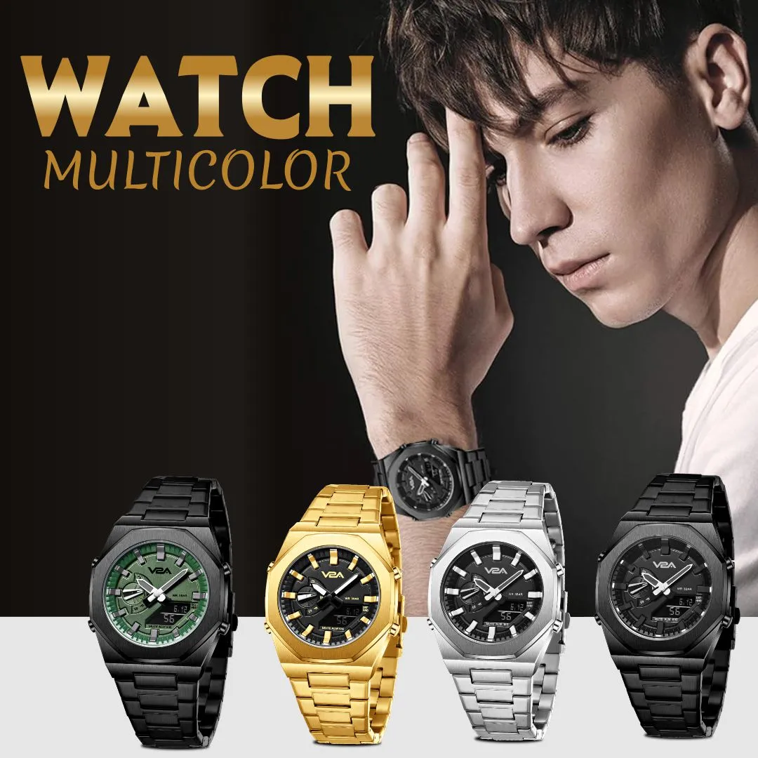V2A Allure Multifunctional Analogue-Digital Watch for Men, Alloy Case, Stainless Steel Band, 30M Water Resistant, 5 Alarms, World Time, Countdown, Stopwatch Men Watch | Birthday Gift for Men