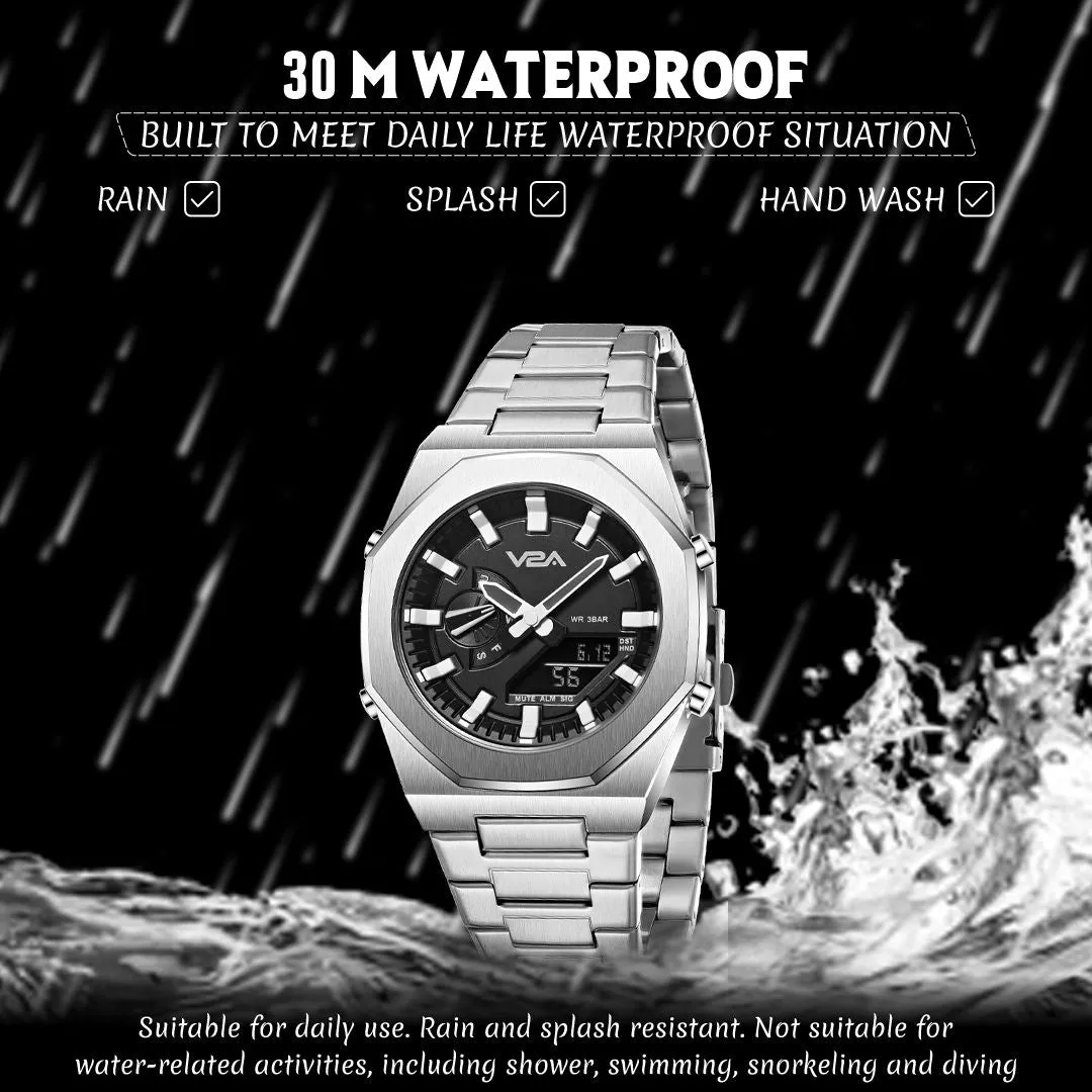 V2A Allure Multifunctional Analogue-Digital Watch for Men, Alloy Case, Stainless Steel Band, 30M Water Resistant, 5 Alarms, World Time, Countdown, Stopwatch Men Watch | Birthday Gift for Men