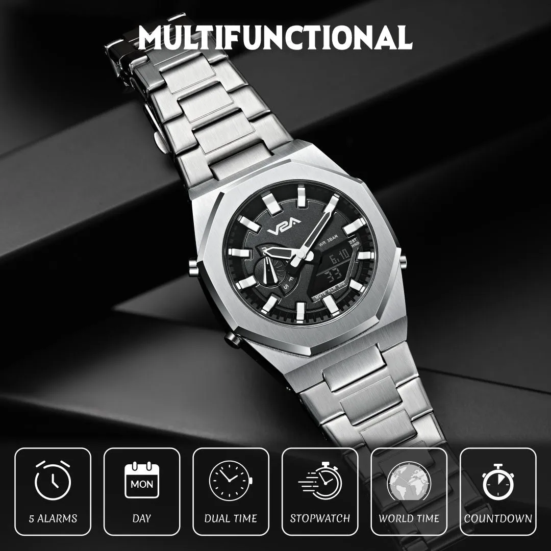 V2A Allure Multifunctional Analogue-Digital Watch for Men, Alloy Case, Stainless Steel Band, 30M Water Resistant, 5 Alarms, World Time, Countdown, Stopwatch Men Watch | Birthday Gift for Men