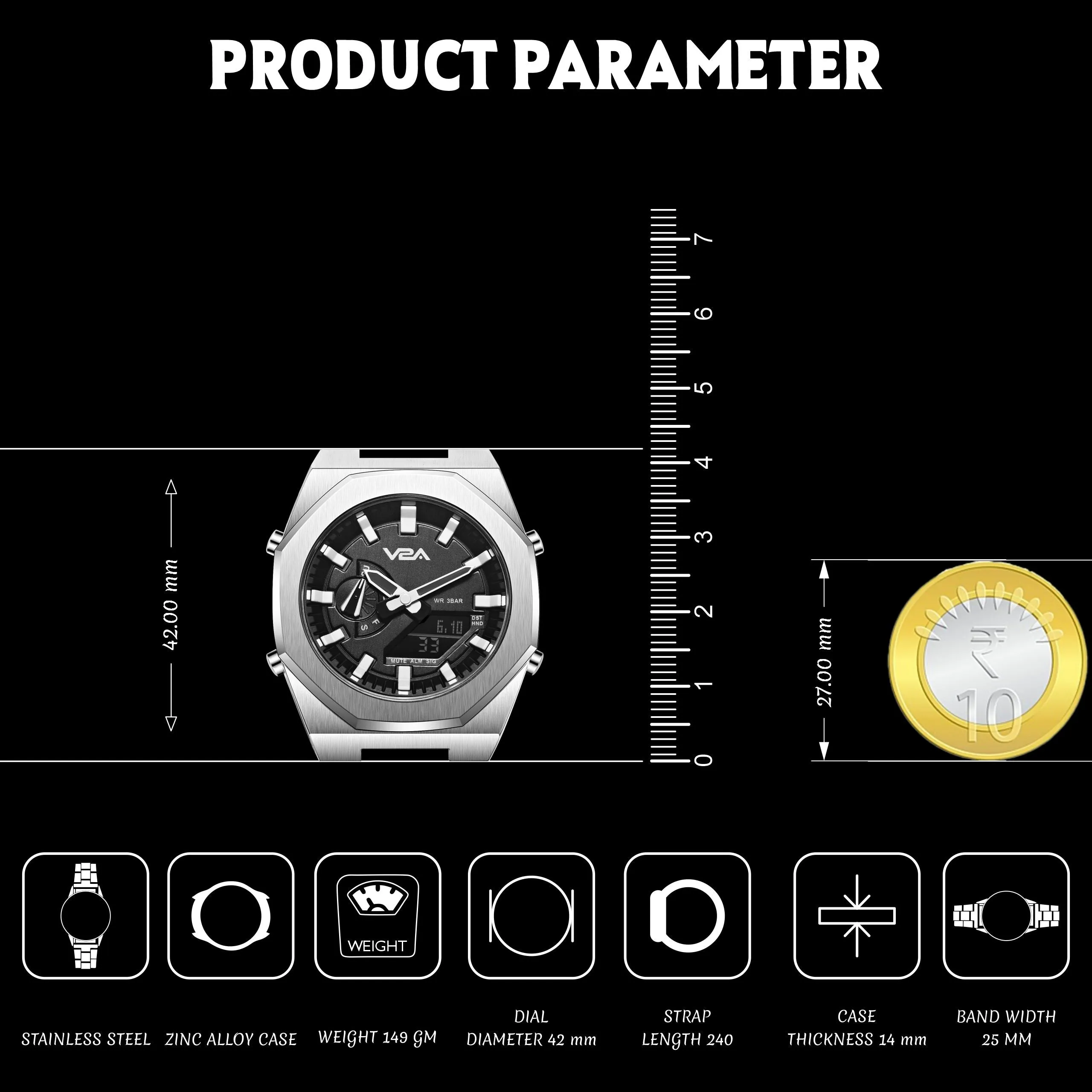V2A Allure Multifunctional Analogue-Digital Watch for Men, Alloy Case, Stainless Steel Band, 30M Water Resistant, 5 Alarms, World Time, Countdown, Stopwatch Men Watch | Birthday Gift for Men