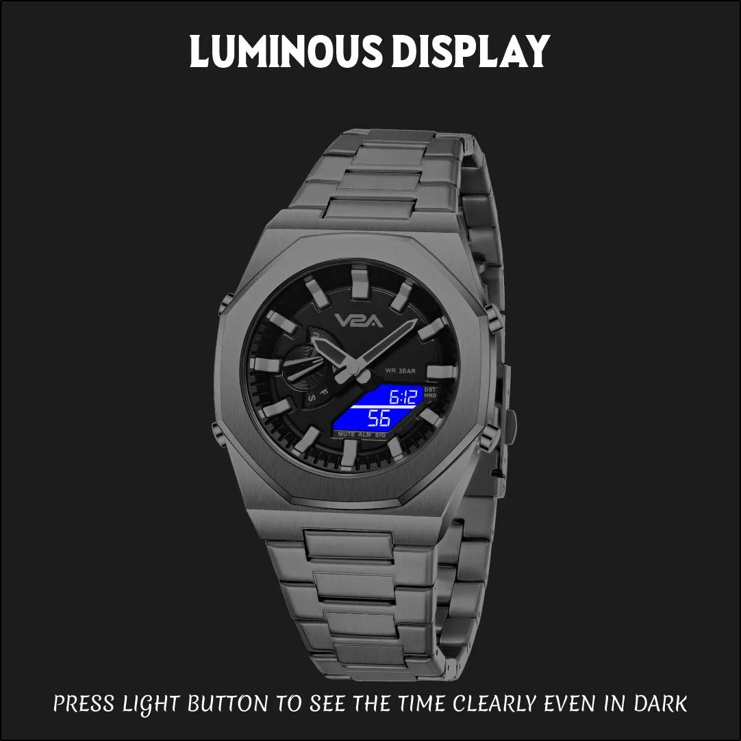 V2A Allure Multifunctional Analogue-Digital Watch for Men, Alloy Case, Stainless Steel Band, 30M Water Resistant, 5 Alarms, World Time, Countdown, Stopwatch Men Watch | Birthday Gift for Men