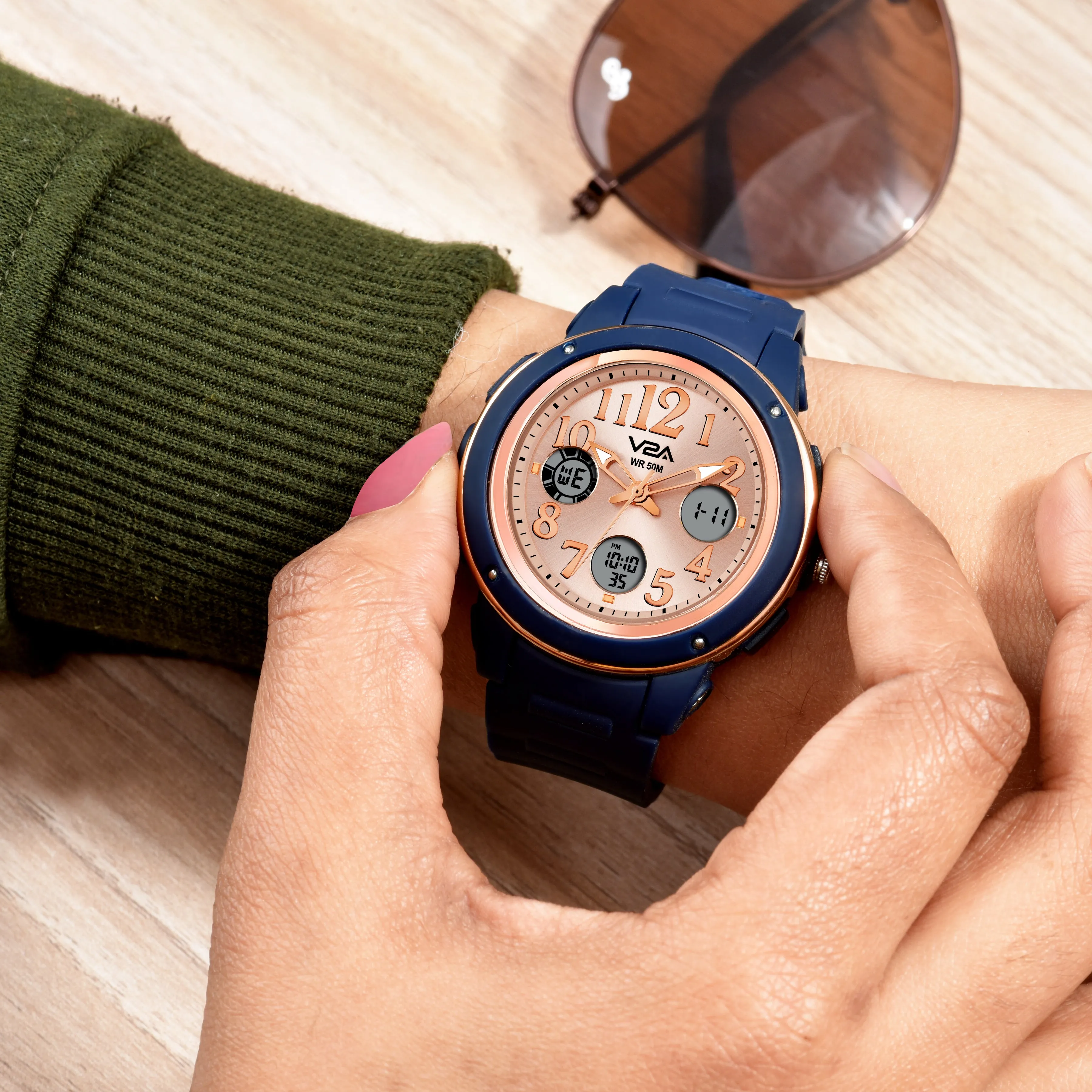 V2A Analog Digital 5ATM Waterproof Fashion Sports Watch with Backlight Alarm Stopwatch for Women and Girls (Blue Color Dial and Strap)