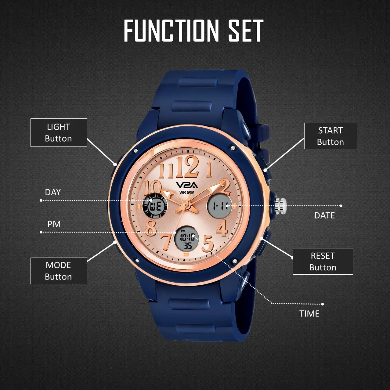 V2A Analog Digital 5ATM Waterproof Fashion Sports Watch with Backlight Alarm Stopwatch for Women and Girls (Blue Color Dial and Strap)