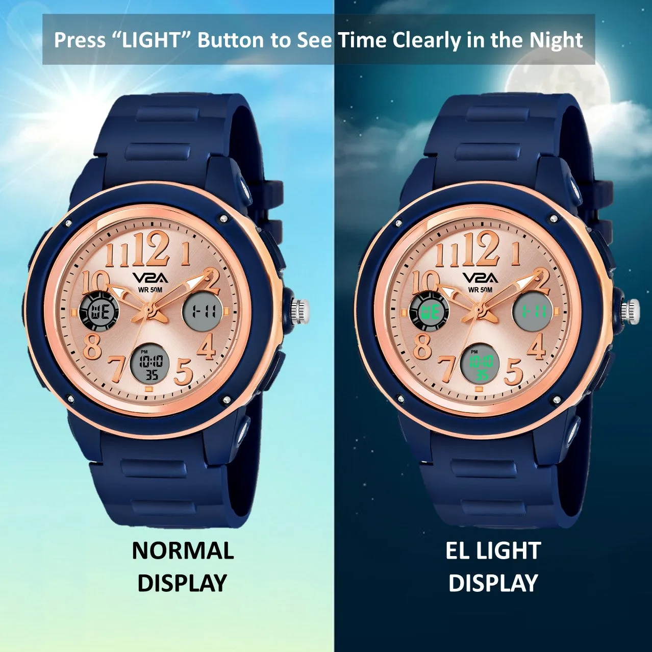 V2A Analog Digital 5ATM Waterproof Fashion Sports Watch with Backlight Alarm Stopwatch for Women and Girls (Blue Color Dial and Strap)