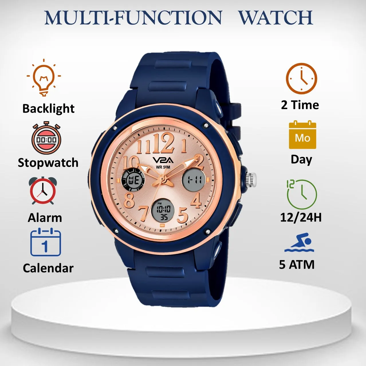 V2A Analog Digital 5ATM Waterproof Fashion Sports Watch with Backlight Alarm Stopwatch for Women and Girls (Blue Color Dial and Strap)