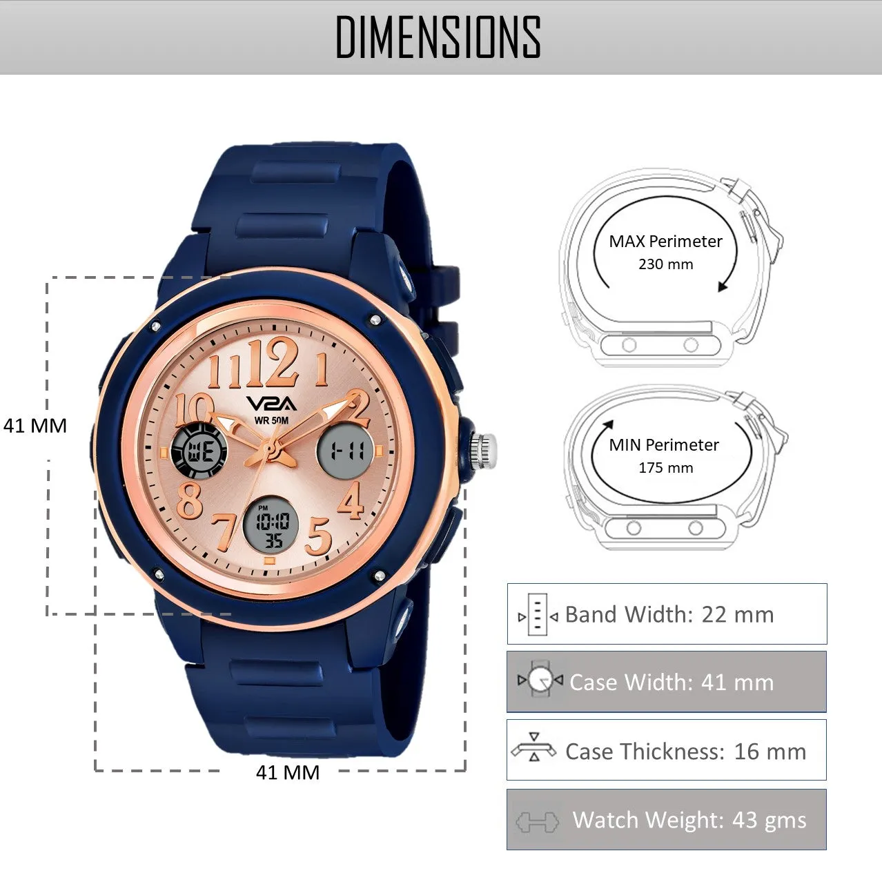 V2A Analog Digital 5ATM Waterproof Fashion Sports Watch with Backlight Alarm Stopwatch for Women and Girls (Blue Color Dial and Strap)