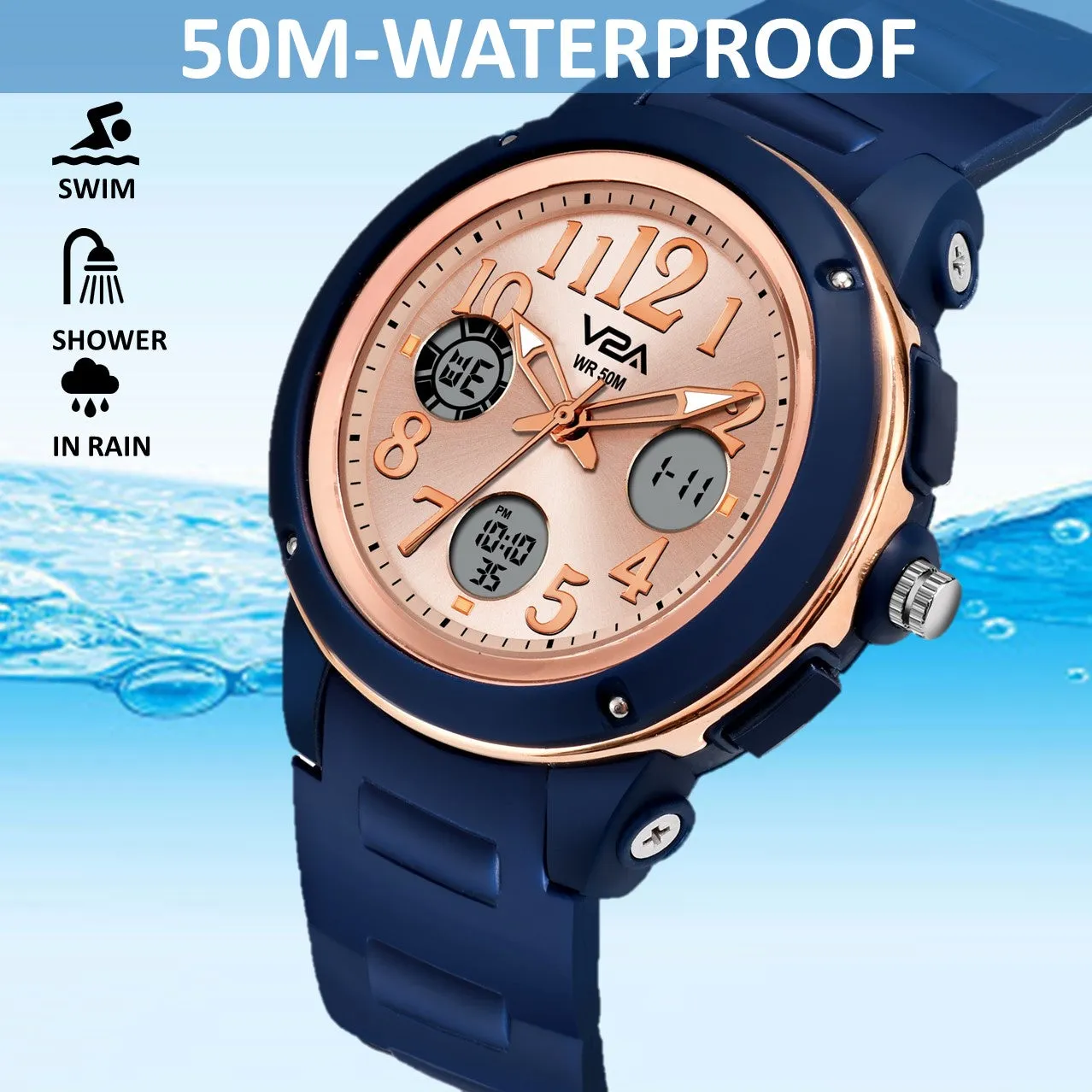 V2A Analog Digital 5ATM Waterproof Fashion Sports Watch with Backlight Alarm Stopwatch for Women and Girls (Blue Color Dial and Strap)