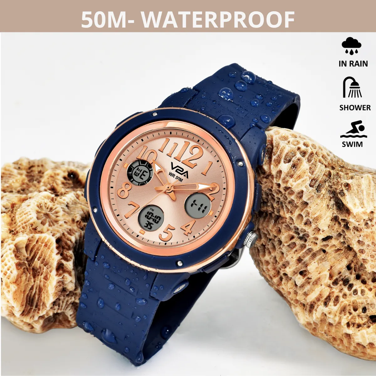 V2A Analog Digital 5ATM Waterproof Fashion Sports Watch with Backlight Alarm Stopwatch for Women and Girls (Blue Color Dial and Strap)