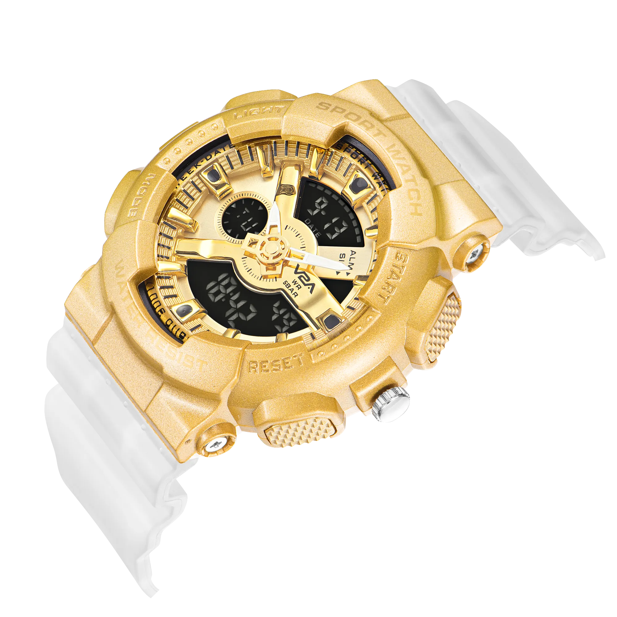 V2A Analog Digital Big and Bold Golden Case 5ATM Waterproof Sports Watch for Men with Stopwatch, Alarm and Backlight | Case Size- 51mm