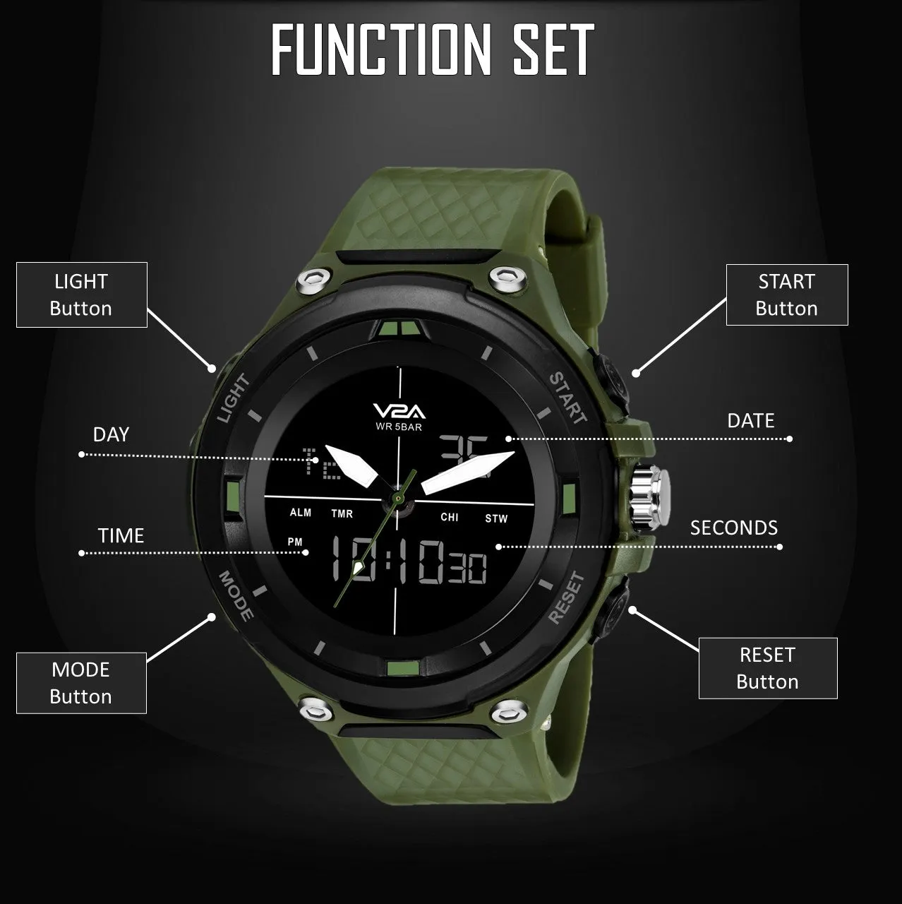 V2A Analog Digital Military Green Countdown and Auto Calendar 5ATM Waterproof Sports Watch for Men
