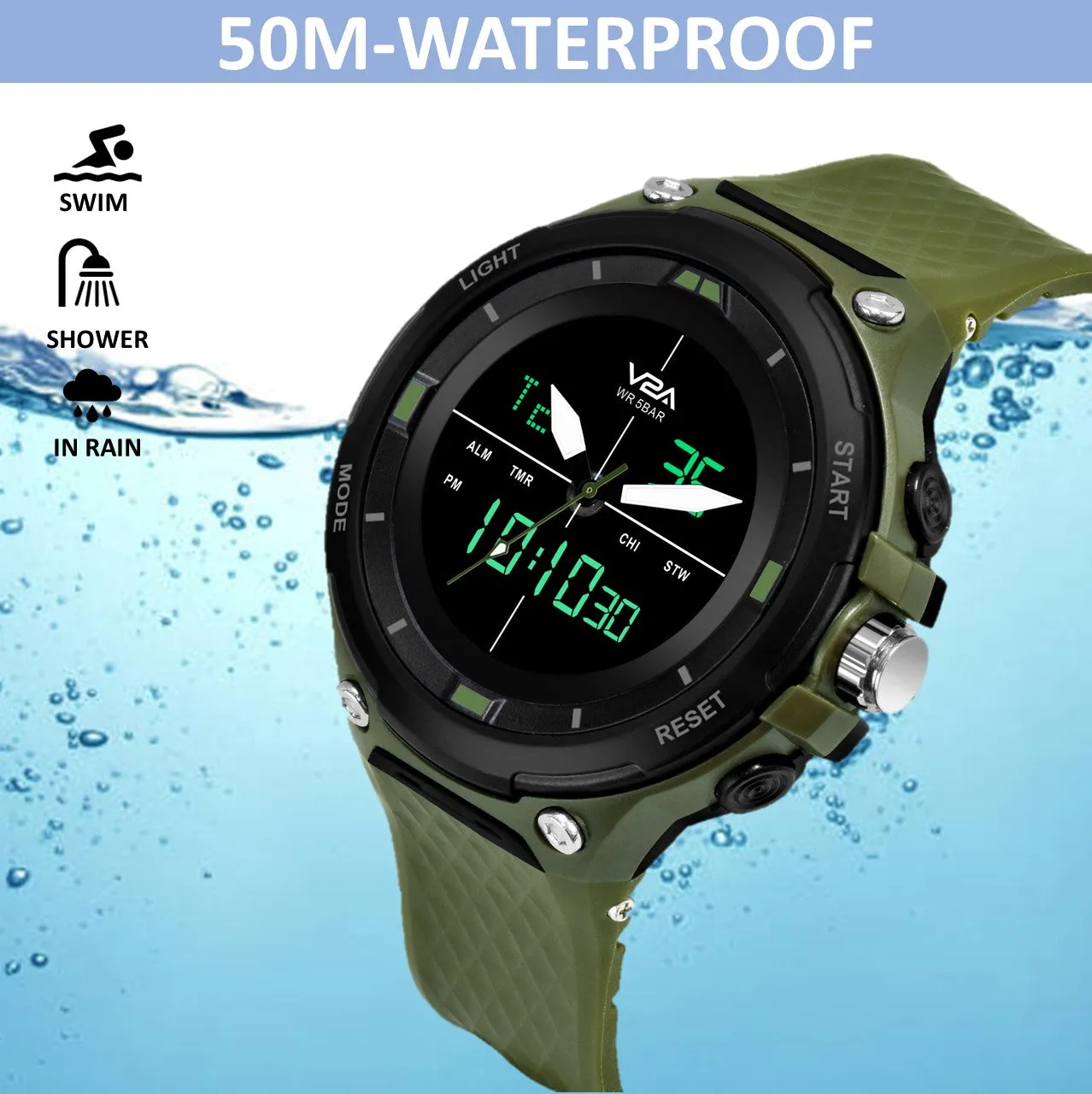 V2A Analog Digital Military Green Countdown and Auto Calendar 5ATM Waterproof Sports Watch for Men