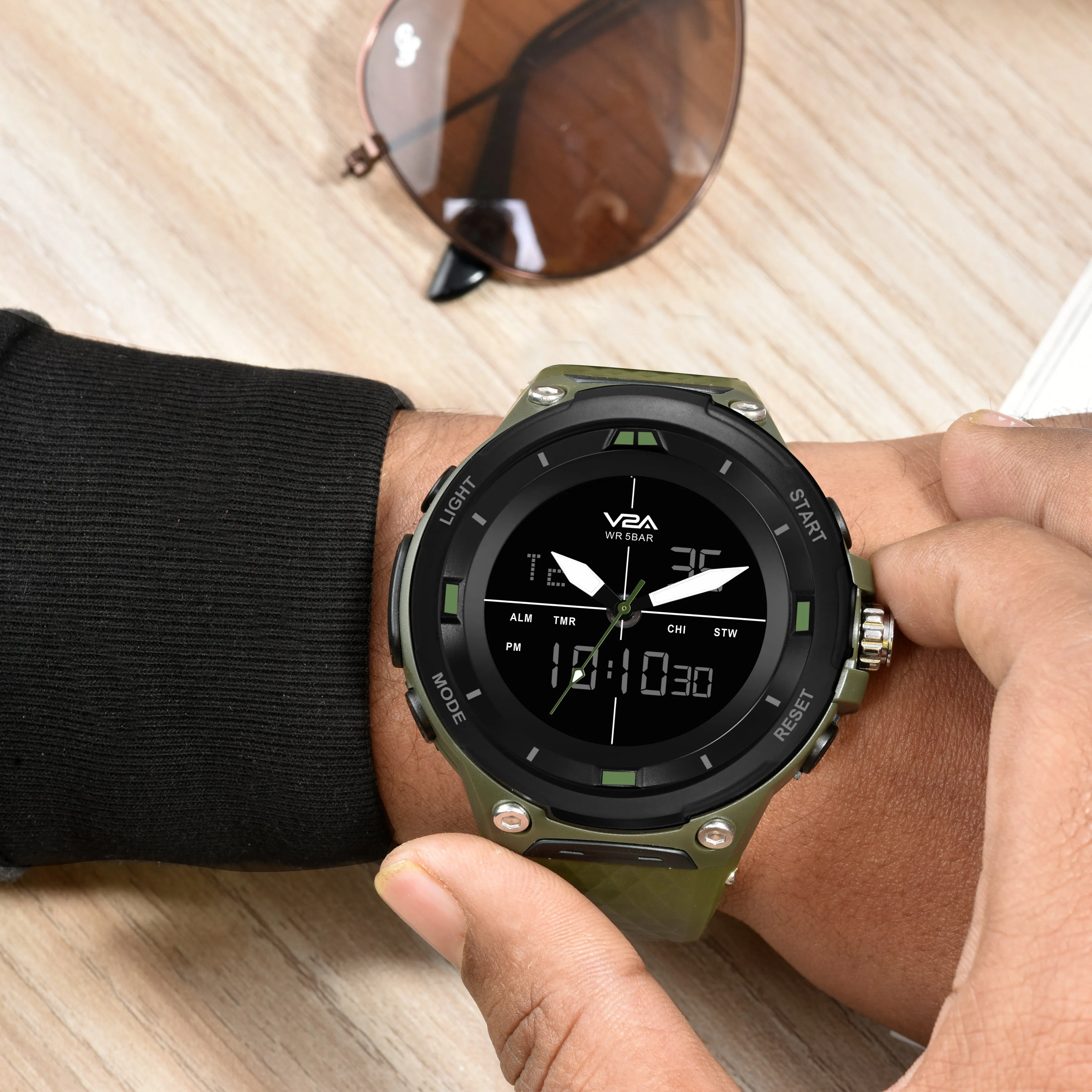 V2A Analog Digital Military Green Countdown and Auto Calendar 5ATM Waterproof Sports Watch for Men