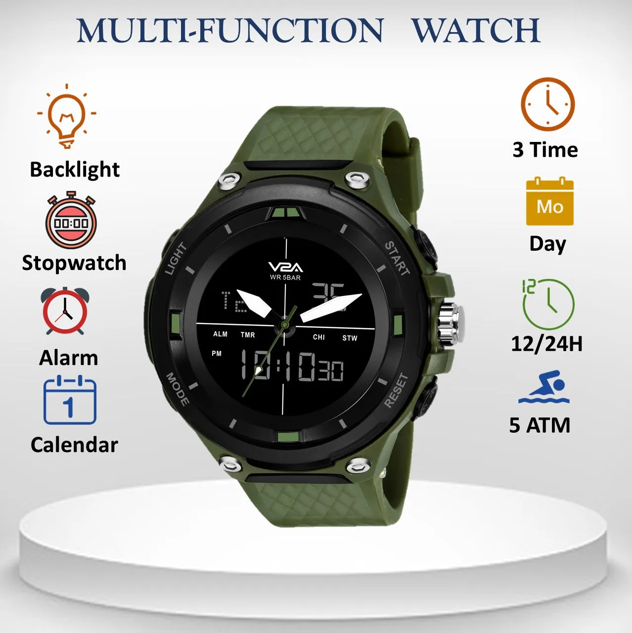 V2A Analog Digital Military Green Countdown and Auto Calendar 5ATM Waterproof Sports Watch for Men
