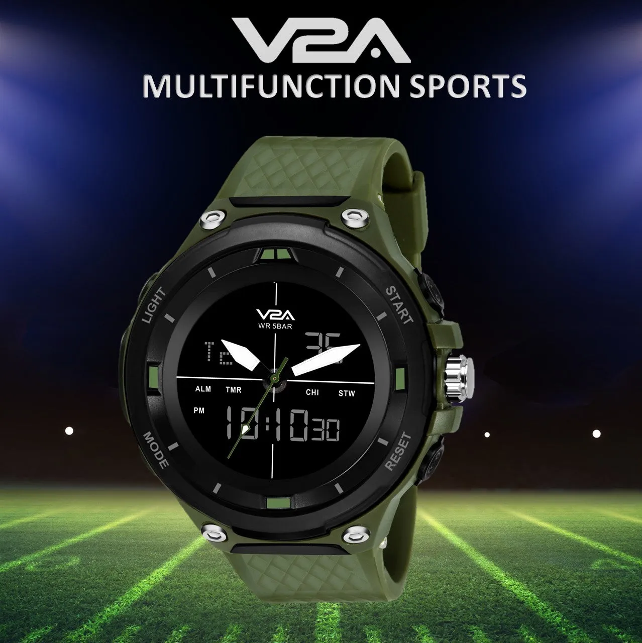 V2A Analog Digital Military Green Countdown and Auto Calendar 5ATM Waterproof Sports Watch for Men