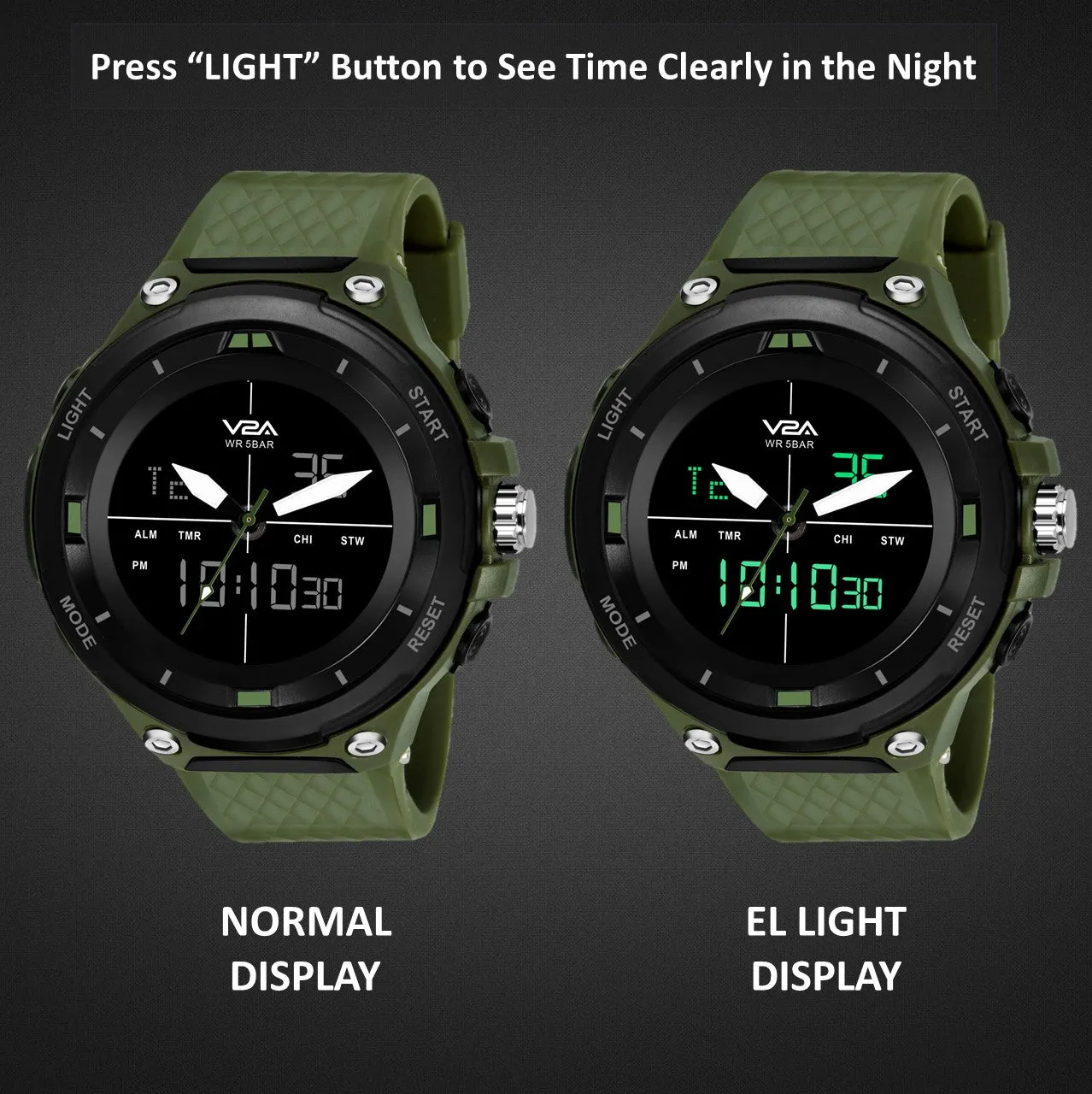 V2A Analog Digital Military Green Countdown and Auto Calendar 5ATM Waterproof Sports Watch for Men