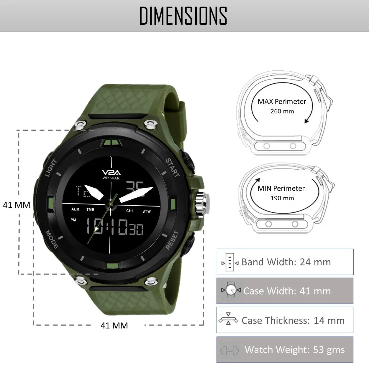 V2A Analog Digital Military Green Countdown and Auto Calendar 5ATM Waterproof Sports Watch for Men