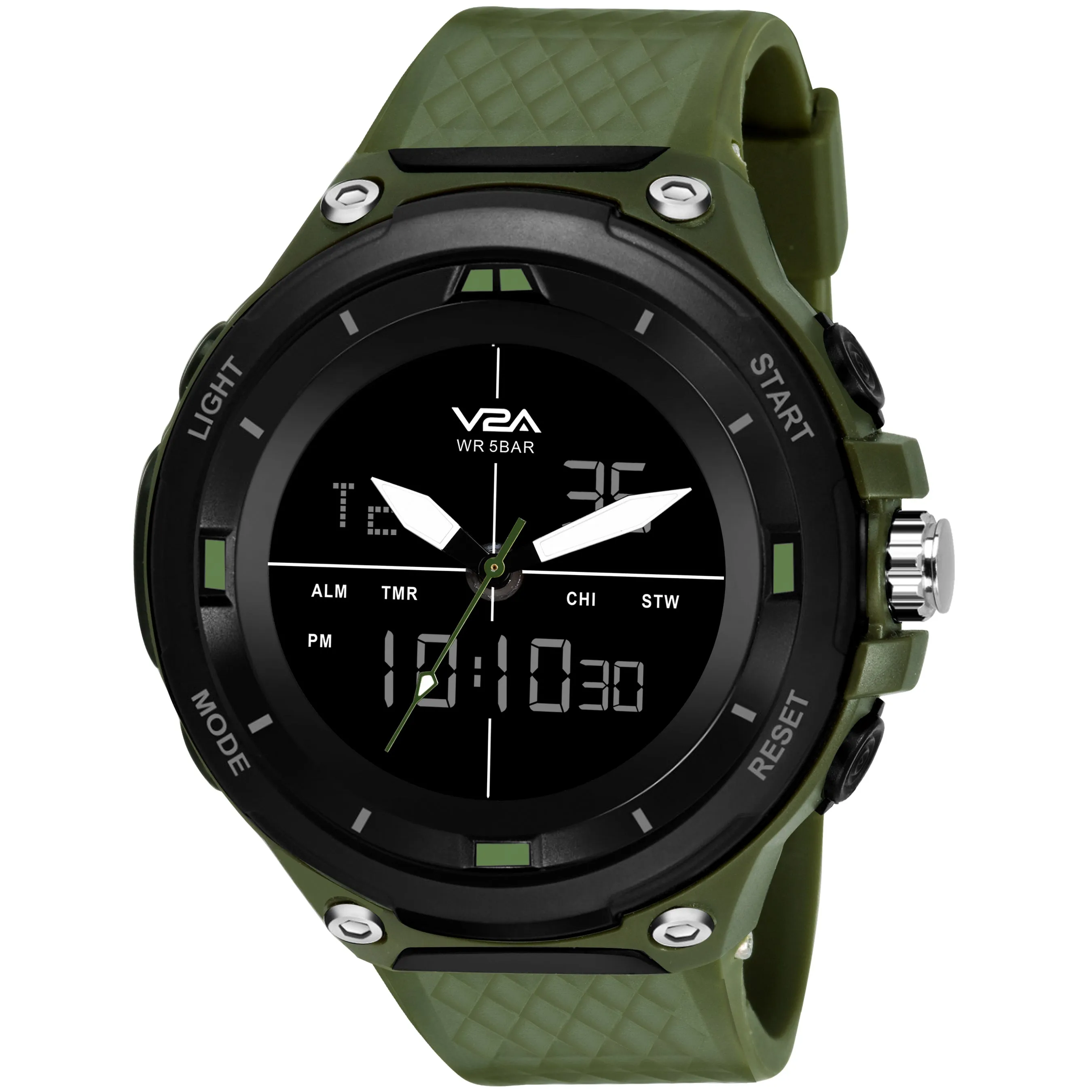 V2A Analog Digital Military Green Countdown and Auto Calendar 5ATM Waterproof Sports Watch for Men