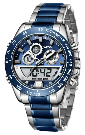 V2A Fusion Series Mens Analog-Digital Watch - Multifunctional with Alarm, Stopwatch, EL Backlight, Stainless Steel Band, Alloy Case - Silver-Blue | Ideal Gift for Men.