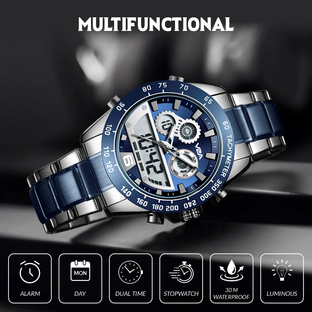 V2A Fusion Series Mens Analog-Digital Watch - Multifunctional with Alarm, Stopwatch, EL Backlight, Stainless Steel Band, Alloy Case - Silver-Blue | Ideal Gift for Men.