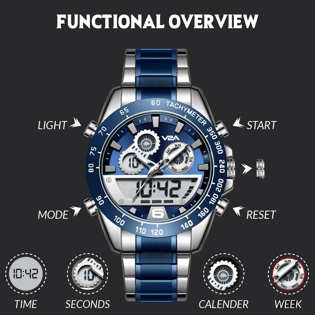 V2A Fusion Series Mens Analog-Digital Watch - Multifunctional with Alarm, Stopwatch, EL Backlight, Stainless Steel Band, Alloy Case - Silver-Blue | Ideal Gift for Men.