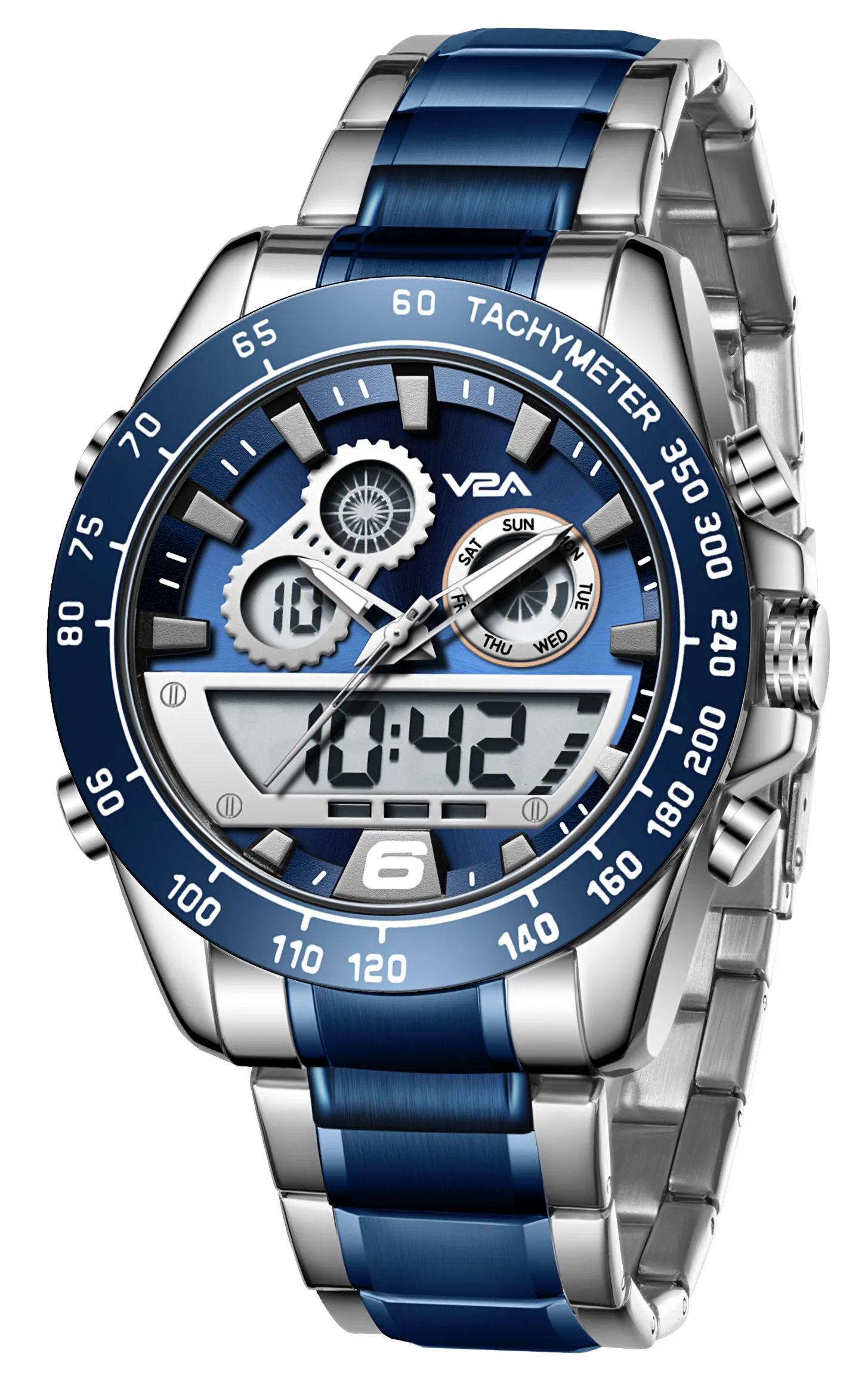 V2A Fusion Series Mens Analog-Digital Watch - Multifunctional with Alarm, Stopwatch, EL Backlight, Stainless Steel Band, Alloy Case - Silver-Blue | Ideal Gift for Men.