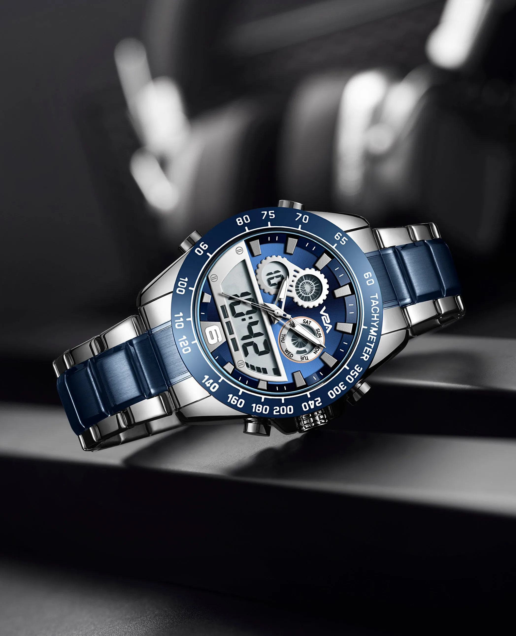 V2A Fusion Series Mens Analog-Digital Watch - Multifunctional with Alarm, Stopwatch, EL Backlight, Stainless Steel Band, Alloy Case - Silver-Blue | Ideal Gift for Men.