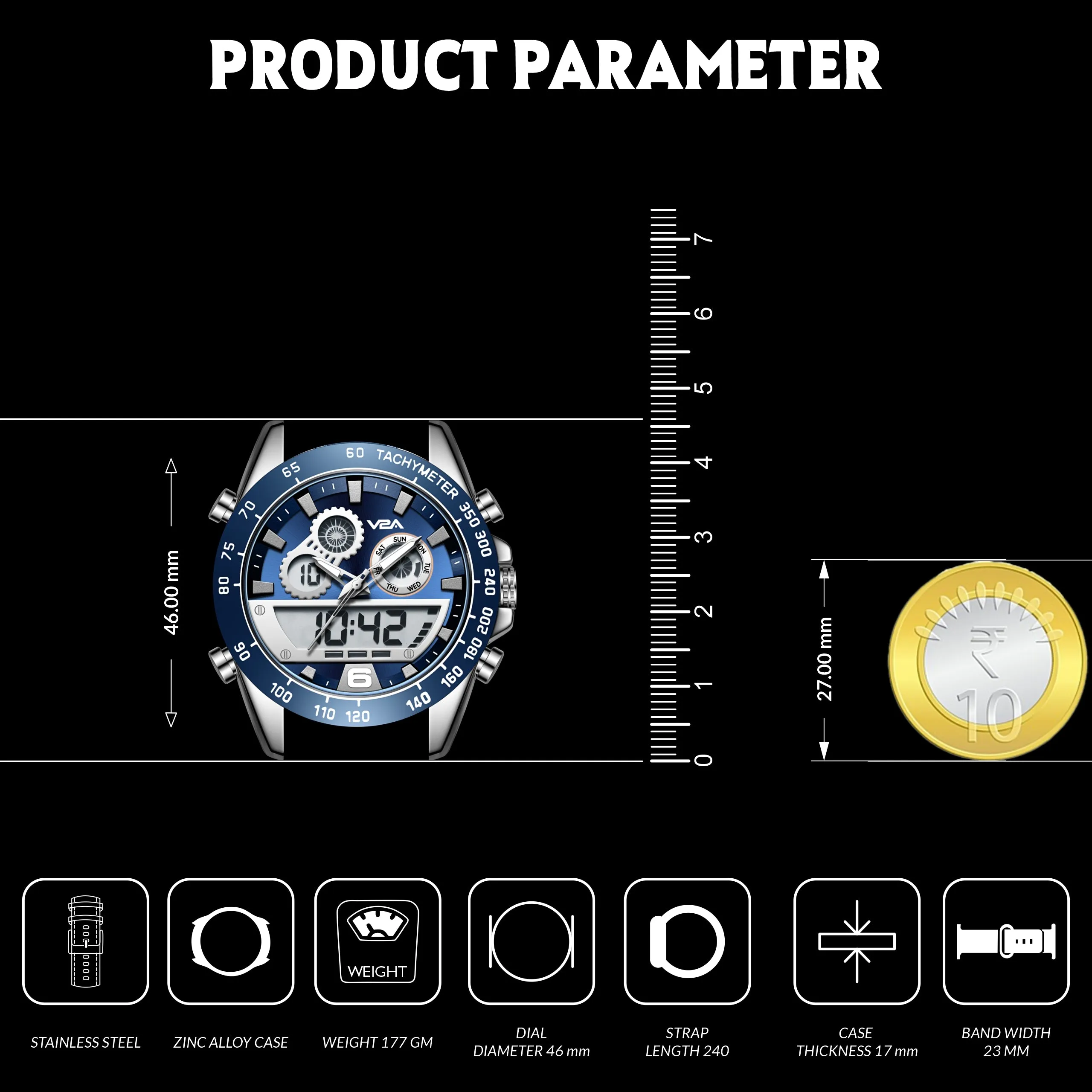 V2A Fusion Series Mens Analog-Digital Watch - Multifunctional with Alarm, Stopwatch, EL Backlight, Stainless Steel Band, Alloy Case - Silver-Blue | Ideal Gift for Men.