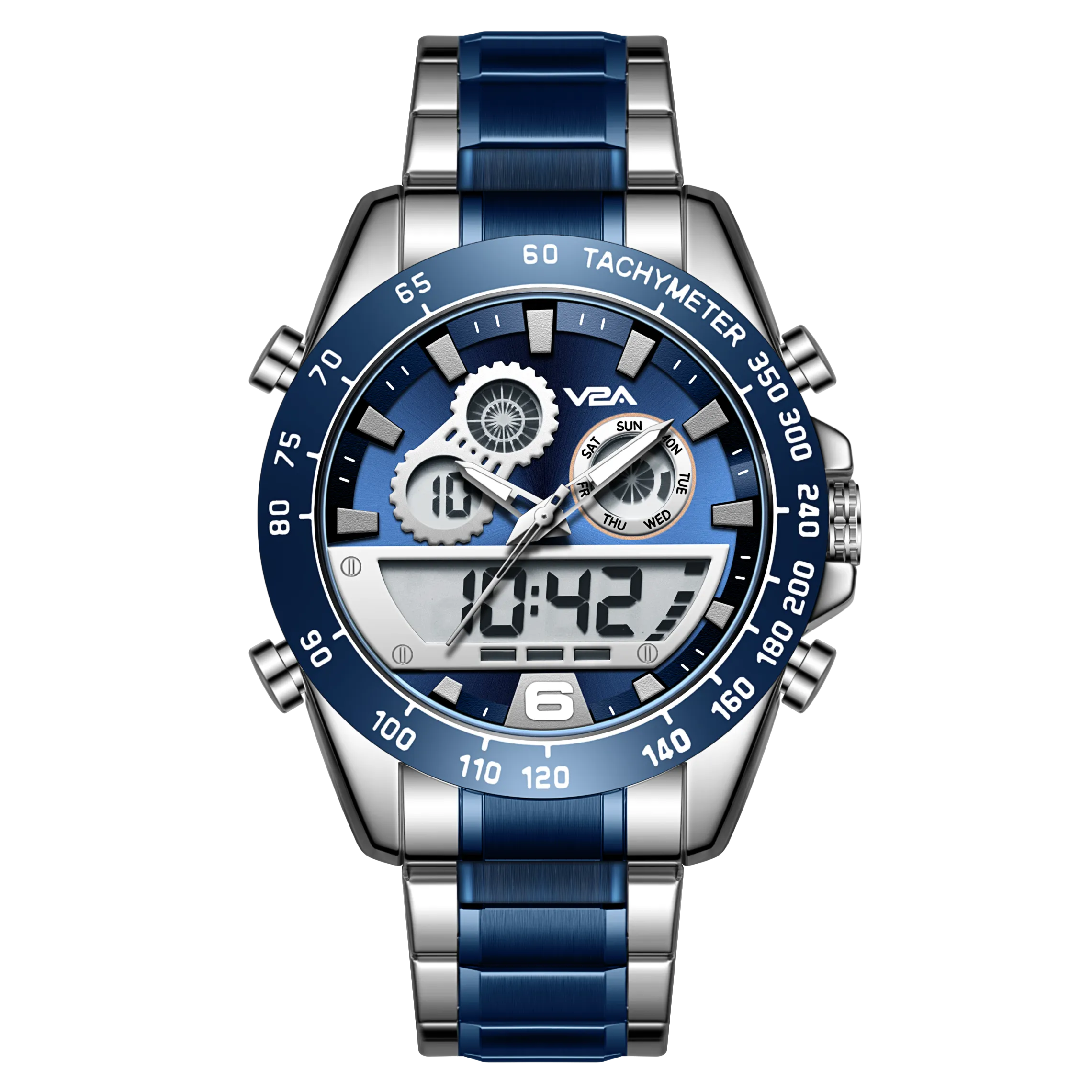 V2A Fusion Series Mens Analog-Digital Watch - Multifunctional with Alarm, Stopwatch, EL Backlight, Stainless Steel Band, Alloy Case - Silver-Blue | Ideal Gift for Men.