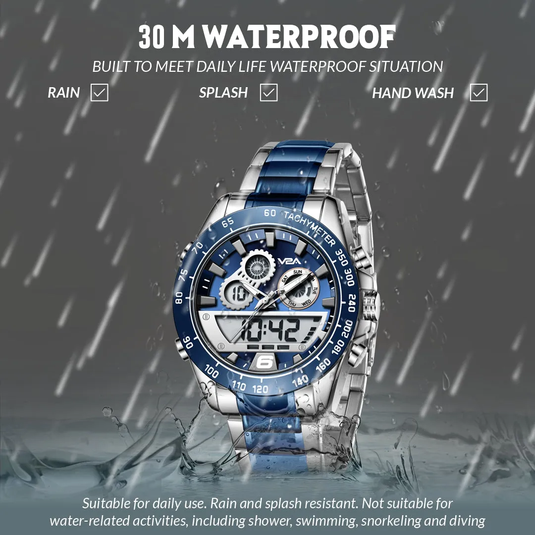 V2A Fusion Series Mens Analog-Digital Watch - Multifunctional with Alarm, Stopwatch, EL Backlight, Stainless Steel Band, Alloy Case - Silver-Blue | Ideal Gift for Men.